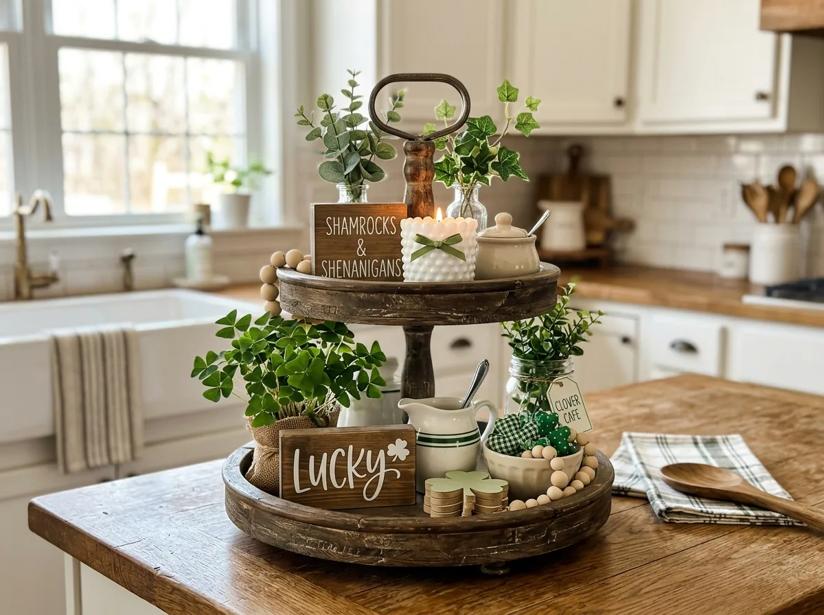 Green & Neutral Tiered Tray Decor for 10 rustic farmhouse st. patrick's day decor ideas